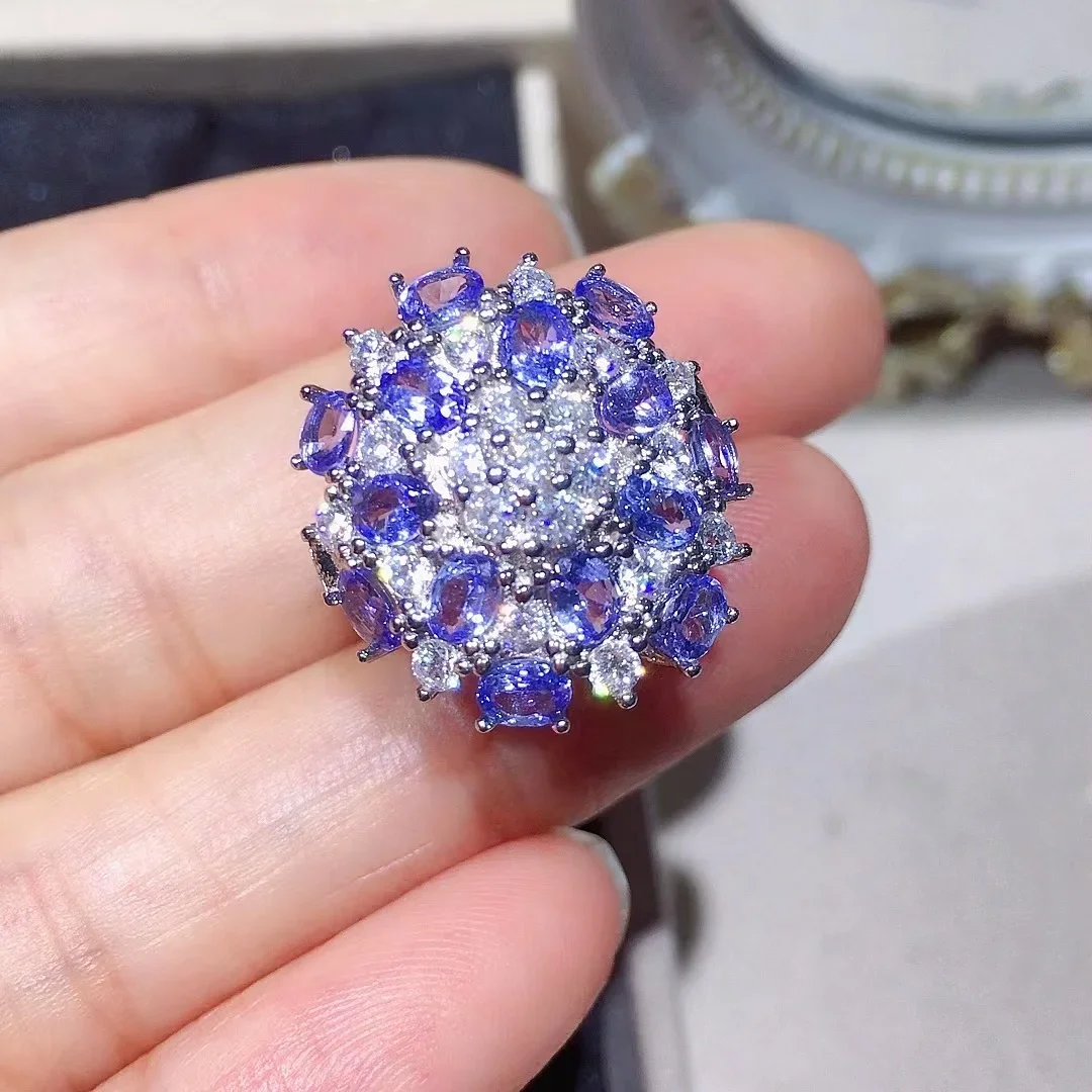 

100% Natural Tanzanite Ring Total 2.1ct 14 Pieces 3mm*4mm Tanzanite 925 Silver Ring 18K Gold Plating Jewelry Gift for Girlfriend