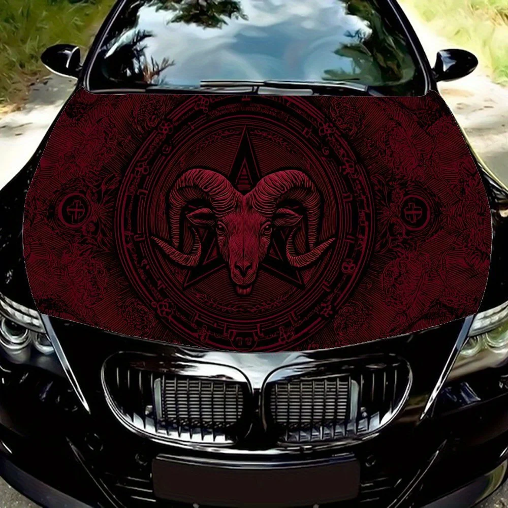 

Red Demon Ram Head Car Vinyl Wrap, PVC Waterproof Car Hood Sticker, Self-Adhesive Scratch-Resistant Stickers for Engine Cover, C