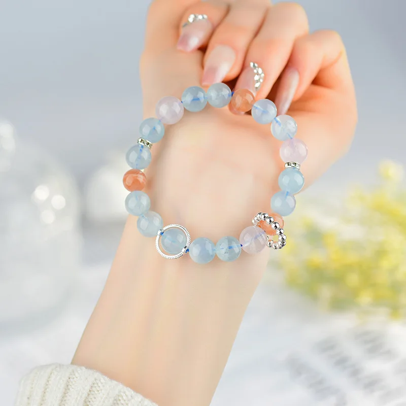 

Natural Aquamarine Rose Quartz Sunstone Zodiac Cancer Fashionable Women'S Bracelet
