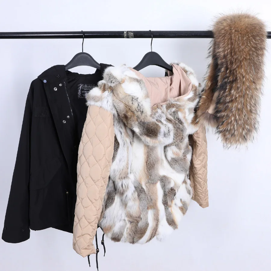 Maomaokong Rabbit Fur Lined Parka Natural Real Fur Coat Silver Coat Winter Jacket Women Raccoon Fox Fur Collar Warm Parkas