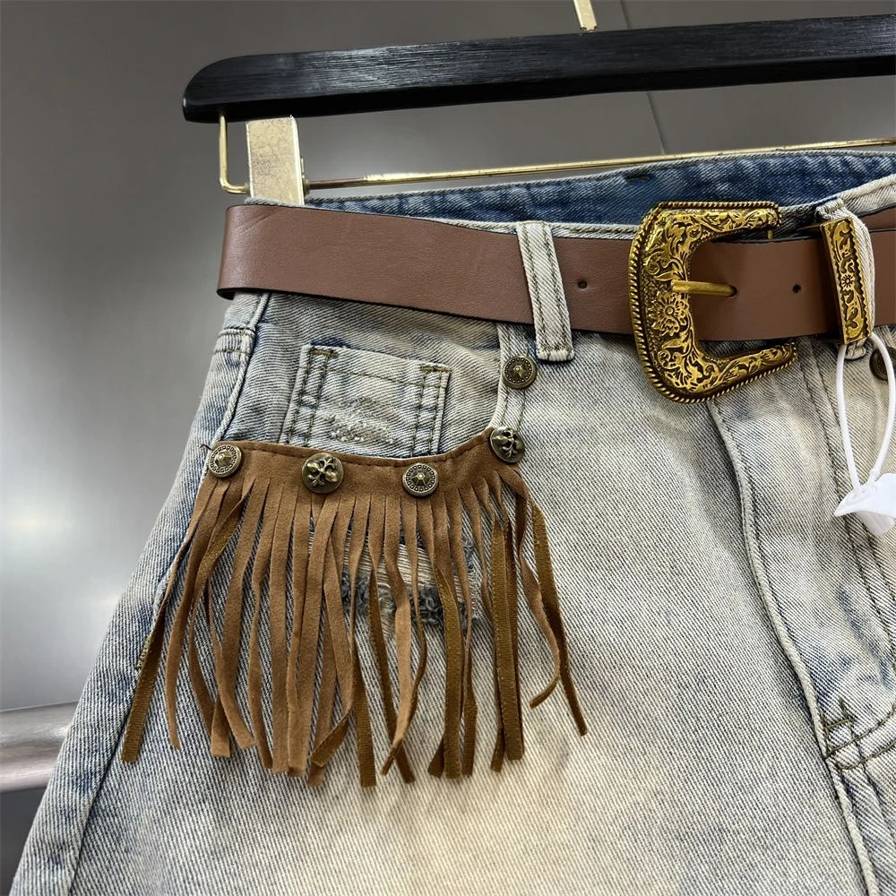 レトロタッセルリッピングリッピング女性デニムショーツインゴスファッションハイストリート夏ルーズワイドレッグパンツ A ラインショーツ
