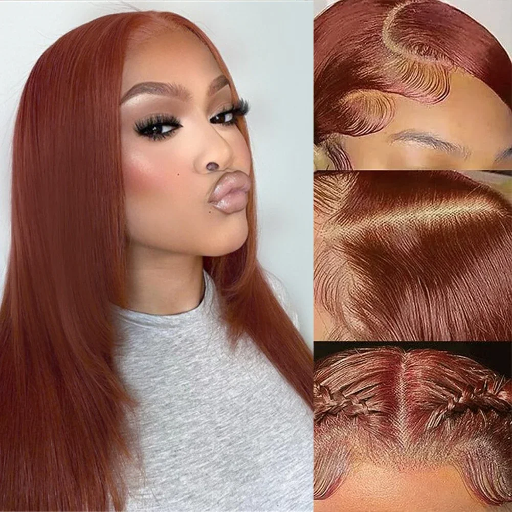 Reddish Brown Straight Lace Front Wig Glueless Layered Lace Frontal Wigs Layered Cut Copper Red Synthetic Butterfly Haircut Wig