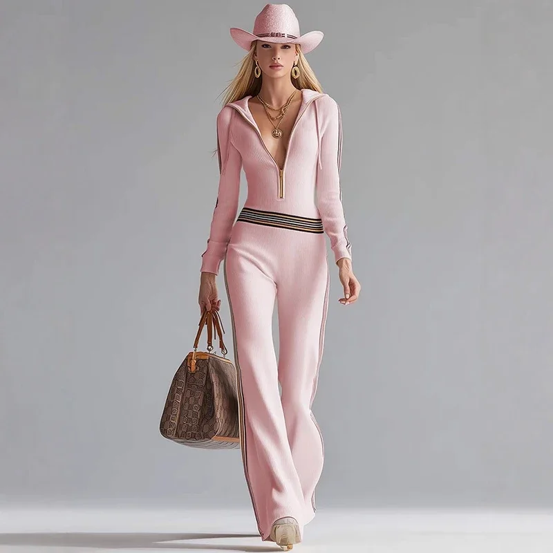 

Комбинезон женский трикотажный с капюшоном и контрастными вставками, с молнией, прямого кроя, с длинными рукавами, весна-осень, новинка