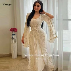 Verngo Elegant Dubai Kaftan White Formal Evening Dresses With Jacket Two Pieces Embriodery Prom Occasion Dress Plus Size