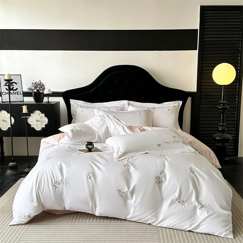 

Elegant French Style 100% Cotton Bedding Set Rose Embroidery Duvet Cover Flat/Fitted Sheet Pillowcases Queen King Size Bed Set