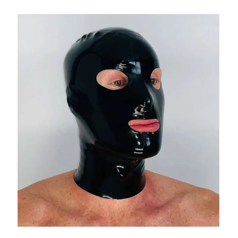 Handmade Sexy Men's Black Latex Hood Mask Cosplay Open Eyes Mouth with Rear Zipper