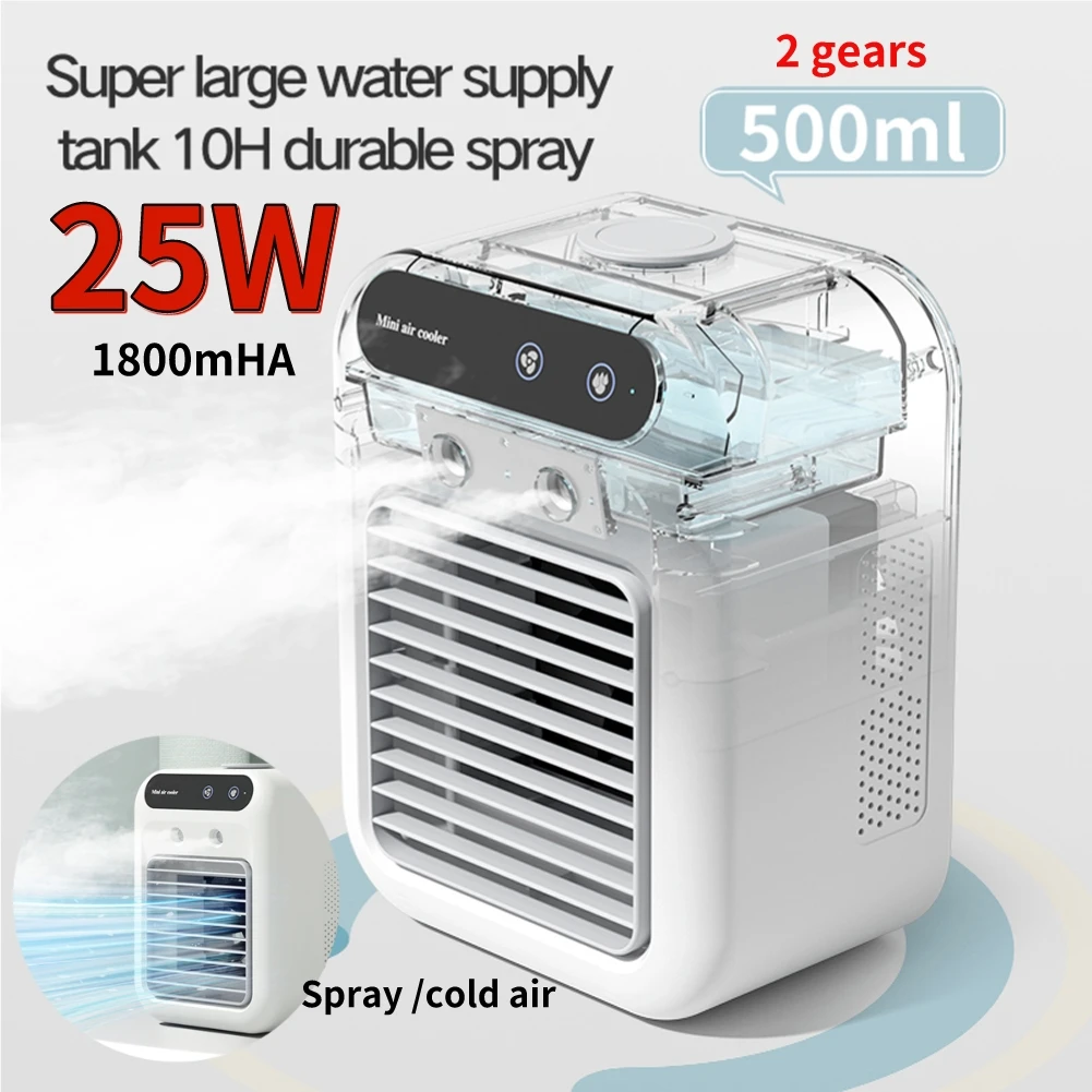 Mini Portable Air Cooler 2-Speed 1800mAh Cold Airconditioner Fan 500ml Water Tank Humidifying Spray Fan for Home Office Dorm Car