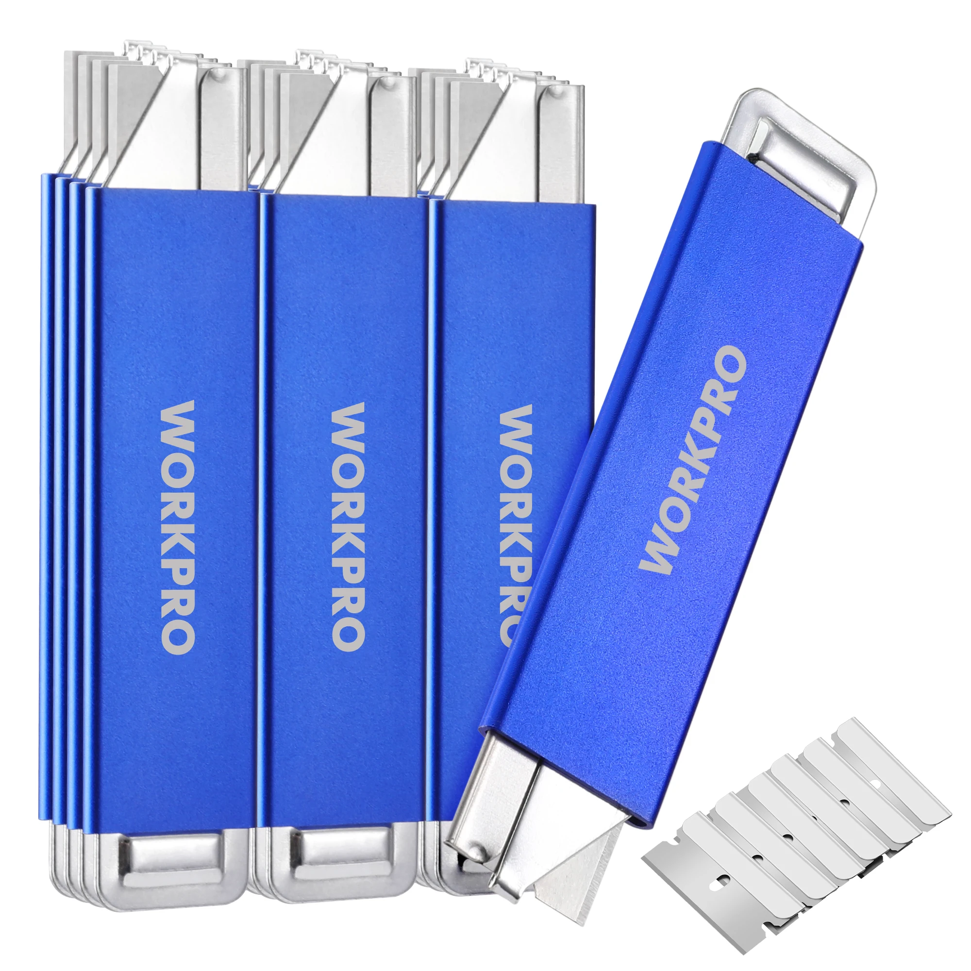 WORKPRO 12-Pack Box Cutter Retractable, Blue Utility Knife with Single Edge Razor Blade - Razor Knife Box Opener Cardboard Cutter with Metal Sheathes