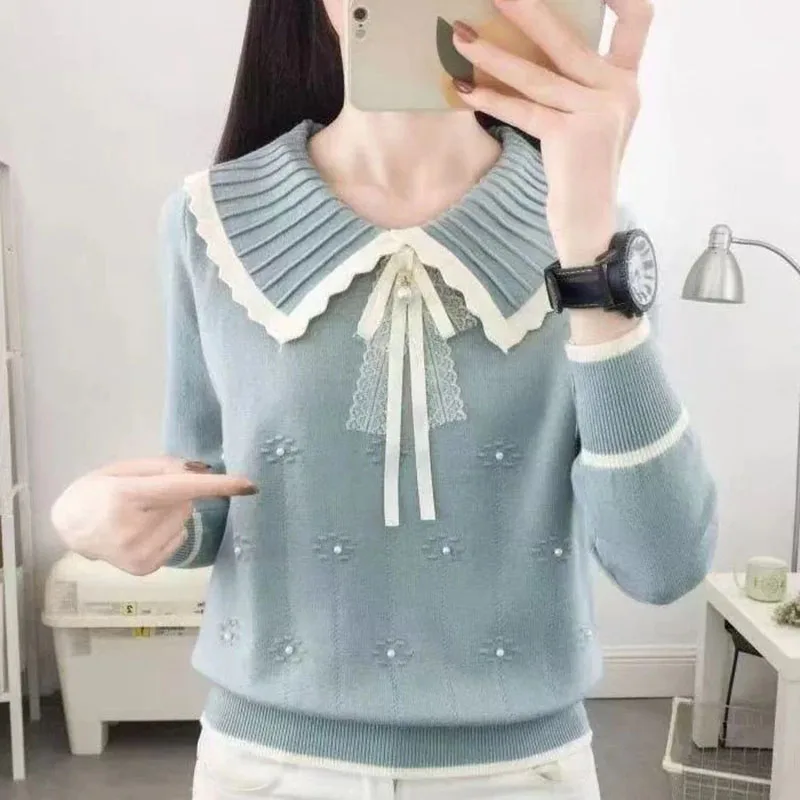 Women's Peter Pan Collar Knit Sweater 2026 New Lace Bow Pearl Decor Contrast Trim Long Sleeve Sweater Slim Fit Crop Top Commute