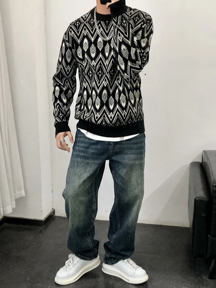 بلوفرات الدراجات النارية للرجال جرافيك أسود بالإضافة إلى حجم كبير ملابس تريكو كورية عصرية بأكمام طويلة Y2k سترة رجالية منسوجة فضفاضة