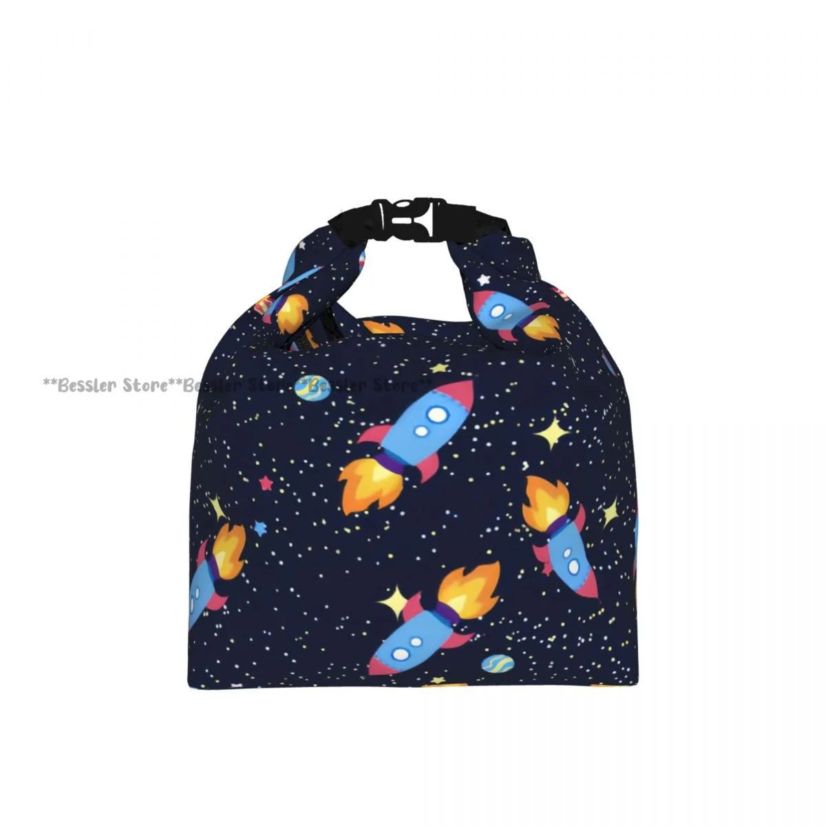 Roll Top Insulated Lunch Bag Space Planets Rockets Cartoon Spaceship Thermal Food Storage Bag Portable Bento Handbag