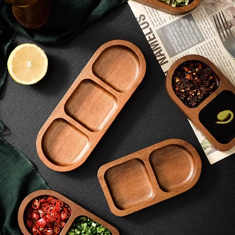 

Japanese Style Snack Tray Dipping Dish Hot Pot Cuisine Wooden Plate Creative Dividing Plate Barbecue Seasoning Plate Solid Wood