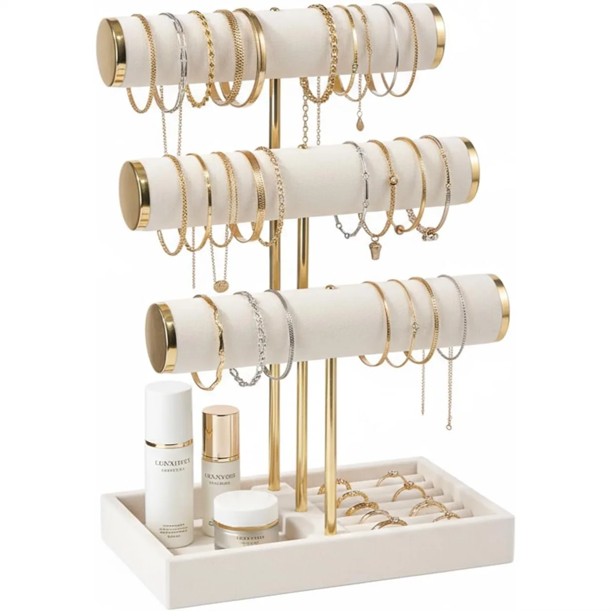 

3 Tier Velvet Jewelry Stand with Tray, Bracelet Necklace Holder for Bangles Watches Rings, Jewelry Organizer for Dresser