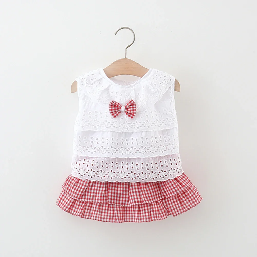 Baby Girl Summer Set Sleeveless Lace Top and Short Skirt Two-piece Checkered Baby Clothing