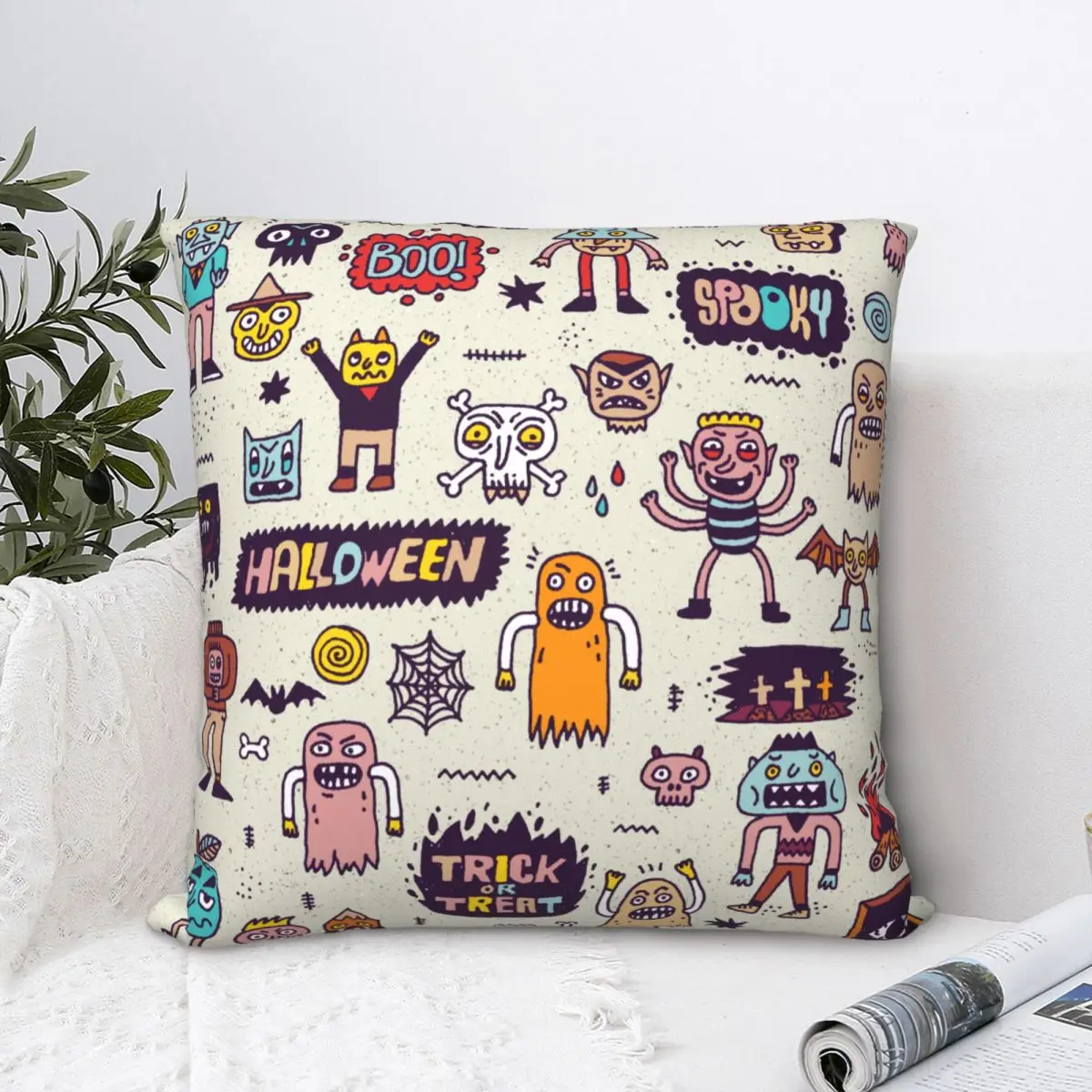 

Happy Halloween Wacky Cartoon Doodle Throw Pillow Cover Polyester Cushions for Sofa Creative Pillowcase