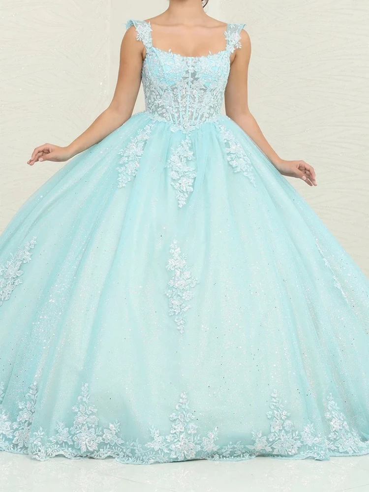 Modern Aqua Women Prom Special Occasion Dress Spaghetti Strap Lace Applique Ball Gown 16 Year Girl Birthday Party Quinceanera 15