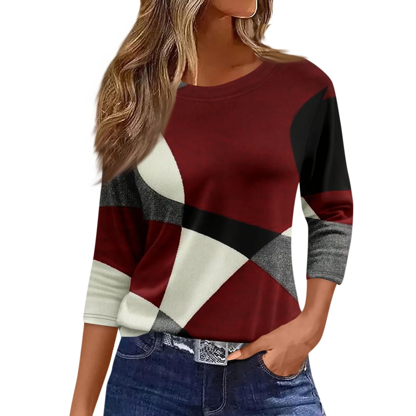 Ladies New Button Round Neck Fashion Print 3/4 Sleeve Vintage Print T-Shirt Slim Fit Casual Tops Women's Clothing Discount Items