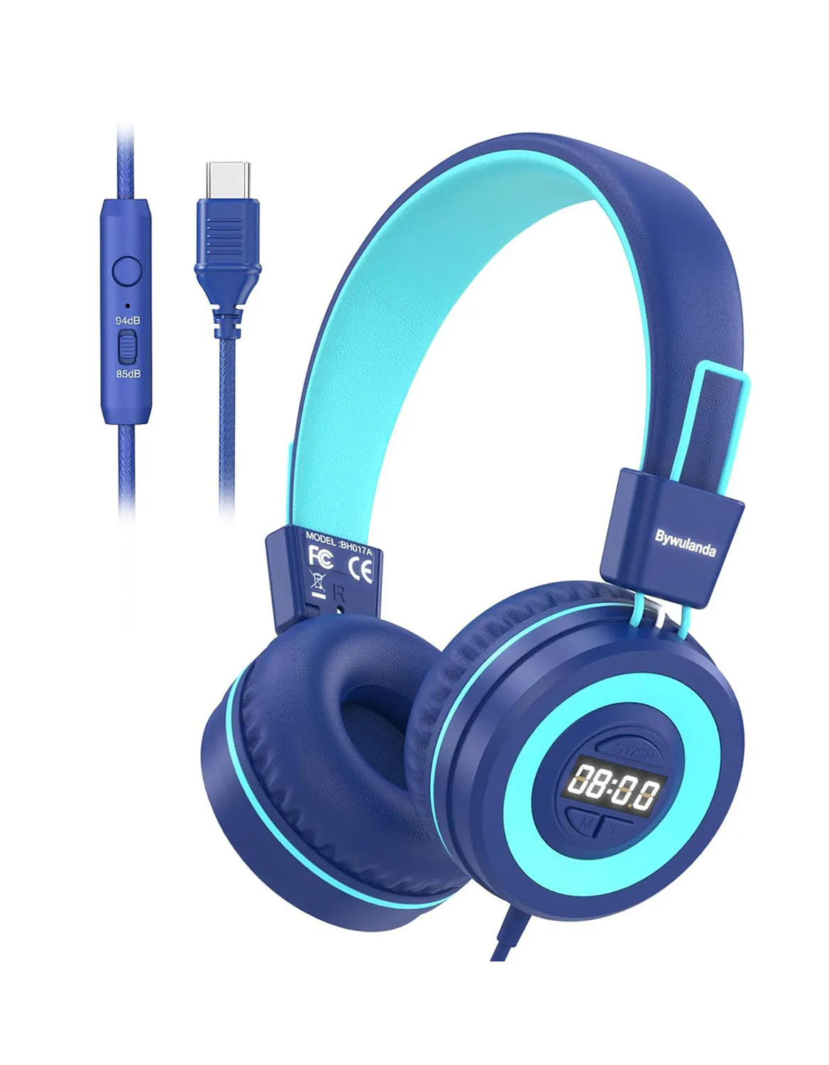 USB-C Kids Headphones with Digital Timer, 85/94dB Volume Limit Headphone for Kid, Stereo Sound, On-Ear Headset with Microphone