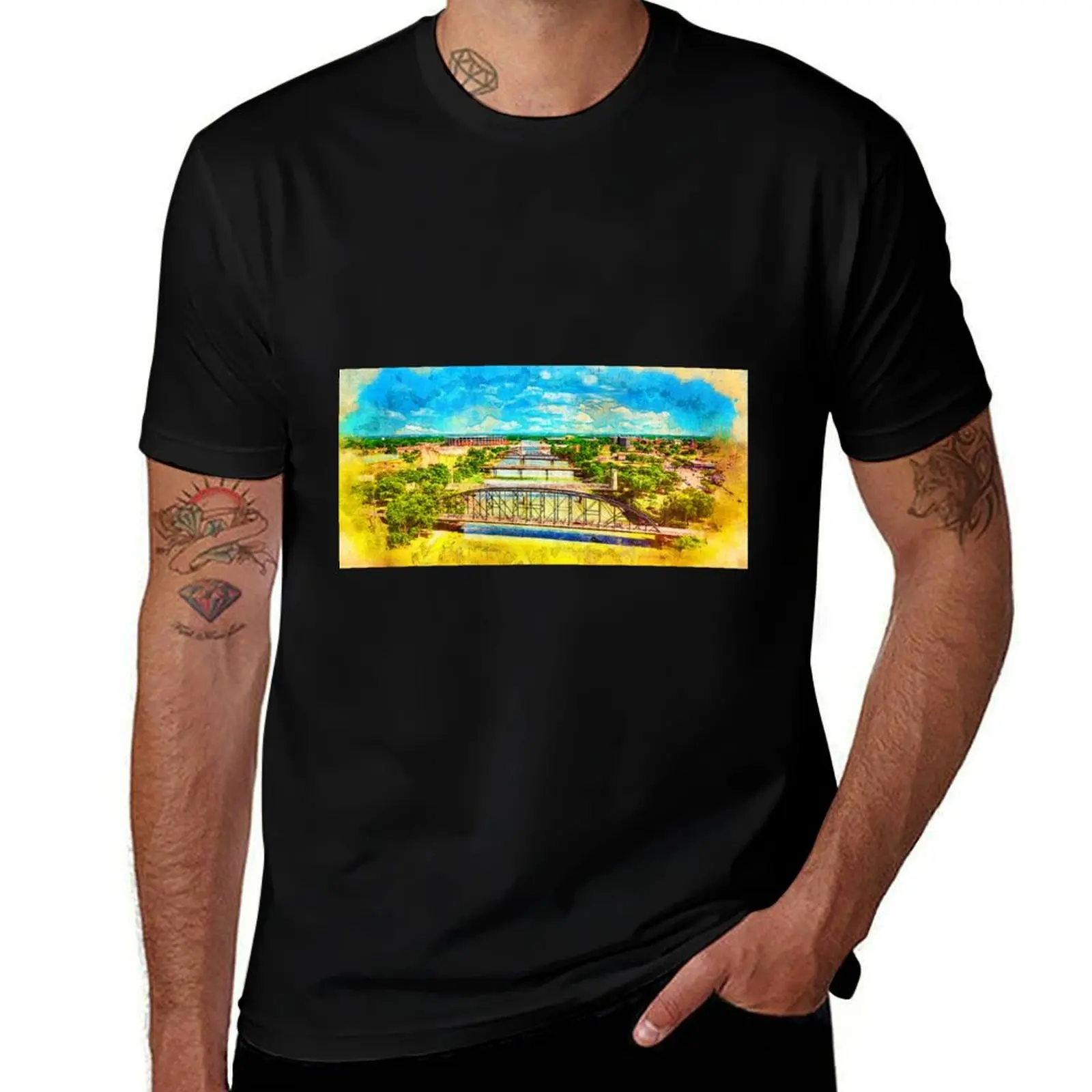 

Bridges over Brazos River in Waco, Texas - digital painting T-Shirt cute clothes Clothing anime figures T-shirt men
