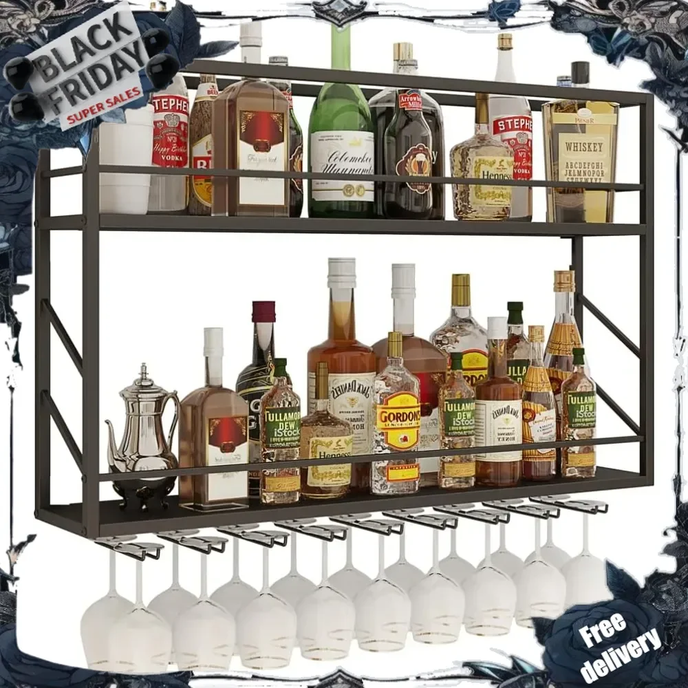 Wall Mounted Wine Rack 2 Tier, Metal Bar Liquor Shelves and Glass Holder,Wall Bar Shelf Wine Display Storage Holder