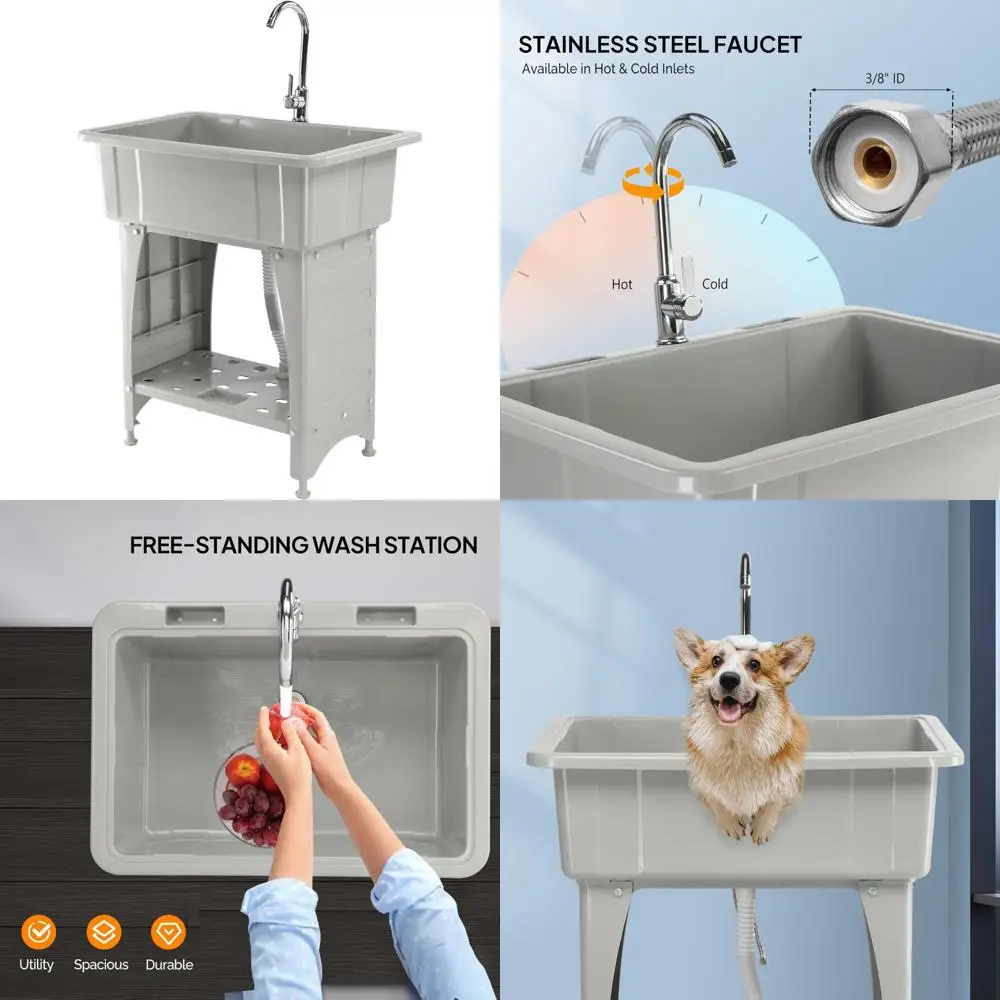 

Freestanding Utility Sink 20 Gallon Laundry Tub Stainless Steel Faucet Washing Room 22.4 Deep x 32.3 Wide