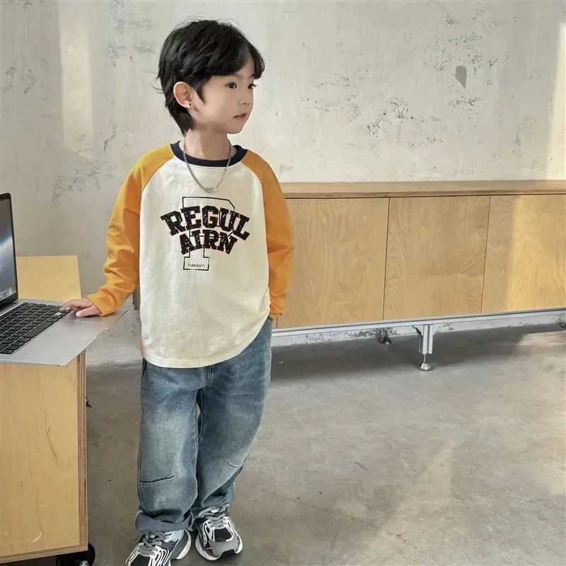 Korean Style Cotton Long-sleeved Boy T-Shirt 2024 Spring and Autumn New Boys Style Base Shirt Top Children's Tops image 3
