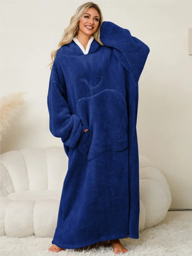 

Winter Hooded Pullover Wearable Blanket Unisex Oversized Blanket With Sleeves Large Pocket Warm Cozy Soft Throw Adult TV Blanket