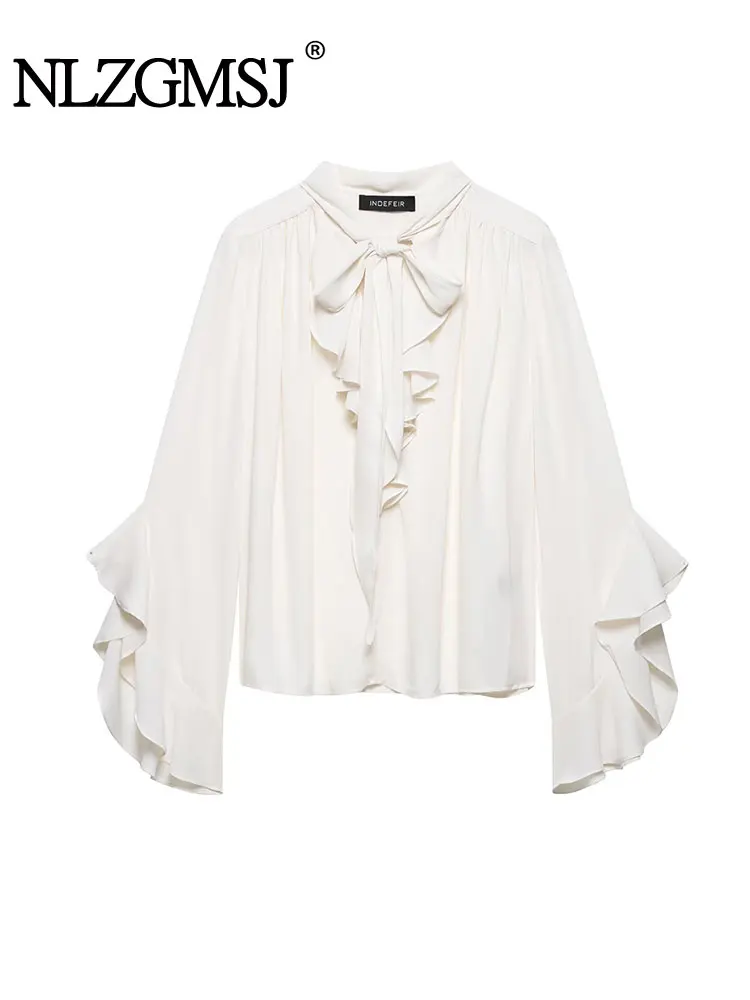 

2025 Spring Bow Collar Blouse Ruffles Solid Blouses Tops For Woman Fashion Long Sleeve Shirt Elegant Woman's Shirt