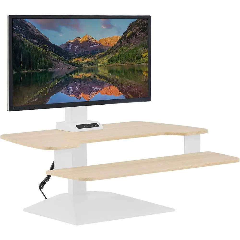 

Adjustable Height Electric Standing Desk Converter - Single Monitor Riser for Home Office (Light Wood)