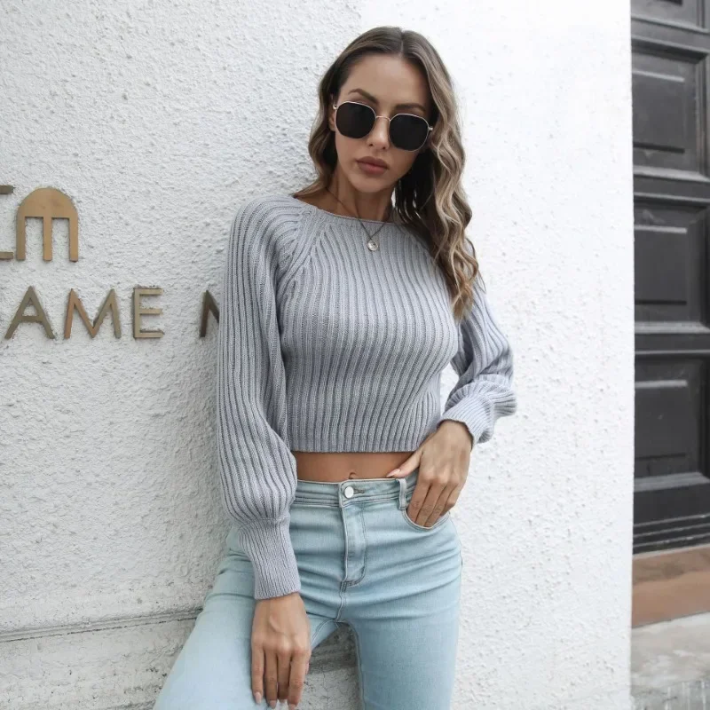 Cropped Sweaters Long Sleeve Top Women Autumn Winter Clothes Skinny Pullover Basic 2024 New In Streetwear Grey Knitted Sweater