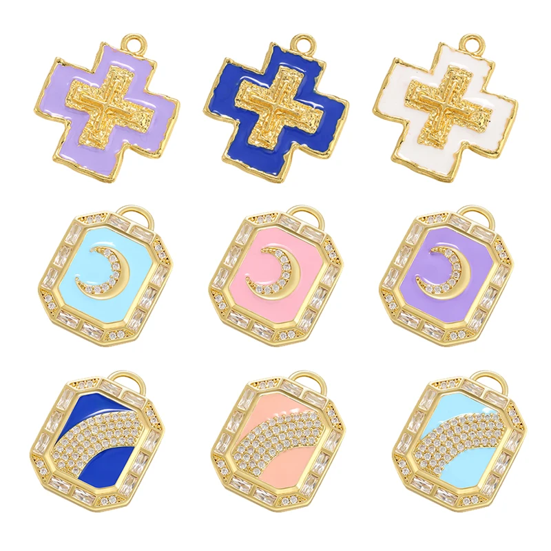 ZHUKOU gold color enamel cross pendant moon rainbow CZ charms for handmade necklace jewelry making findings wholesale VD1106