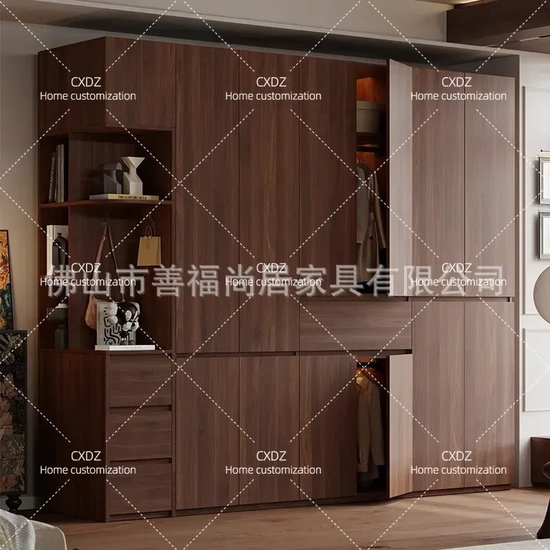 Solid Wood Oak Handle-Free Wardrobe Eco-Friendly Master Bedroom Storage Cabinet Walnut Segmented Assembled Closet Furniture