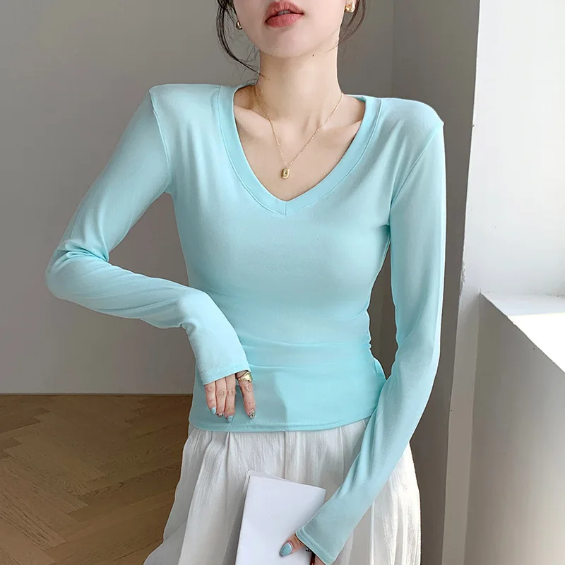 Essential V-Ausschnitt Damen Slim Fit Top Einfarbig Langarm Unterziehshirt Dehnbar Gemütlich Vielseitig Herbst Winter T-Shirt – Detail 9