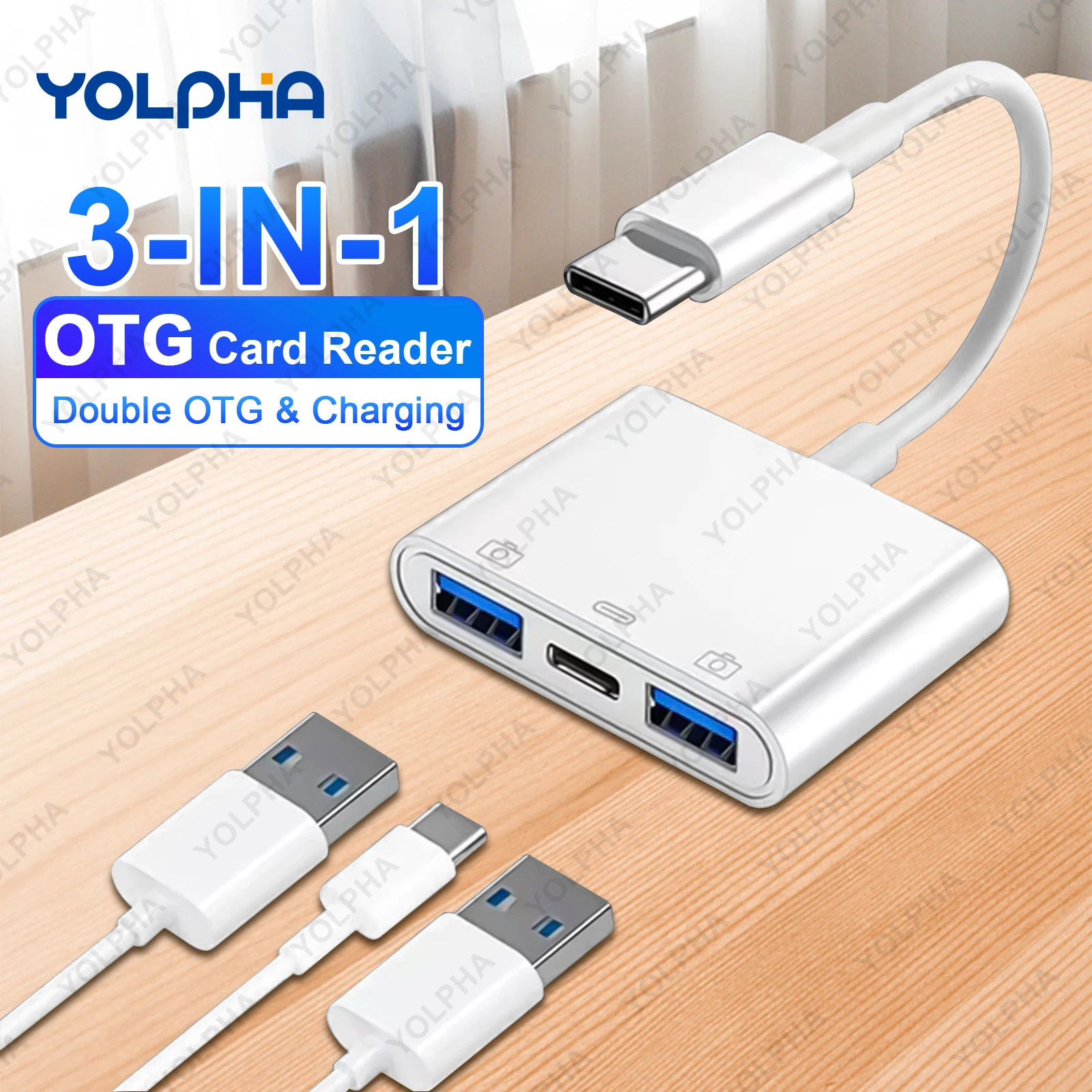 3 in 1 USB C to USB OTG Card Reader Flash Drive with Type C Charging Port Connect U Disk/Mouse/Keyboard for Type C Phone Adapter