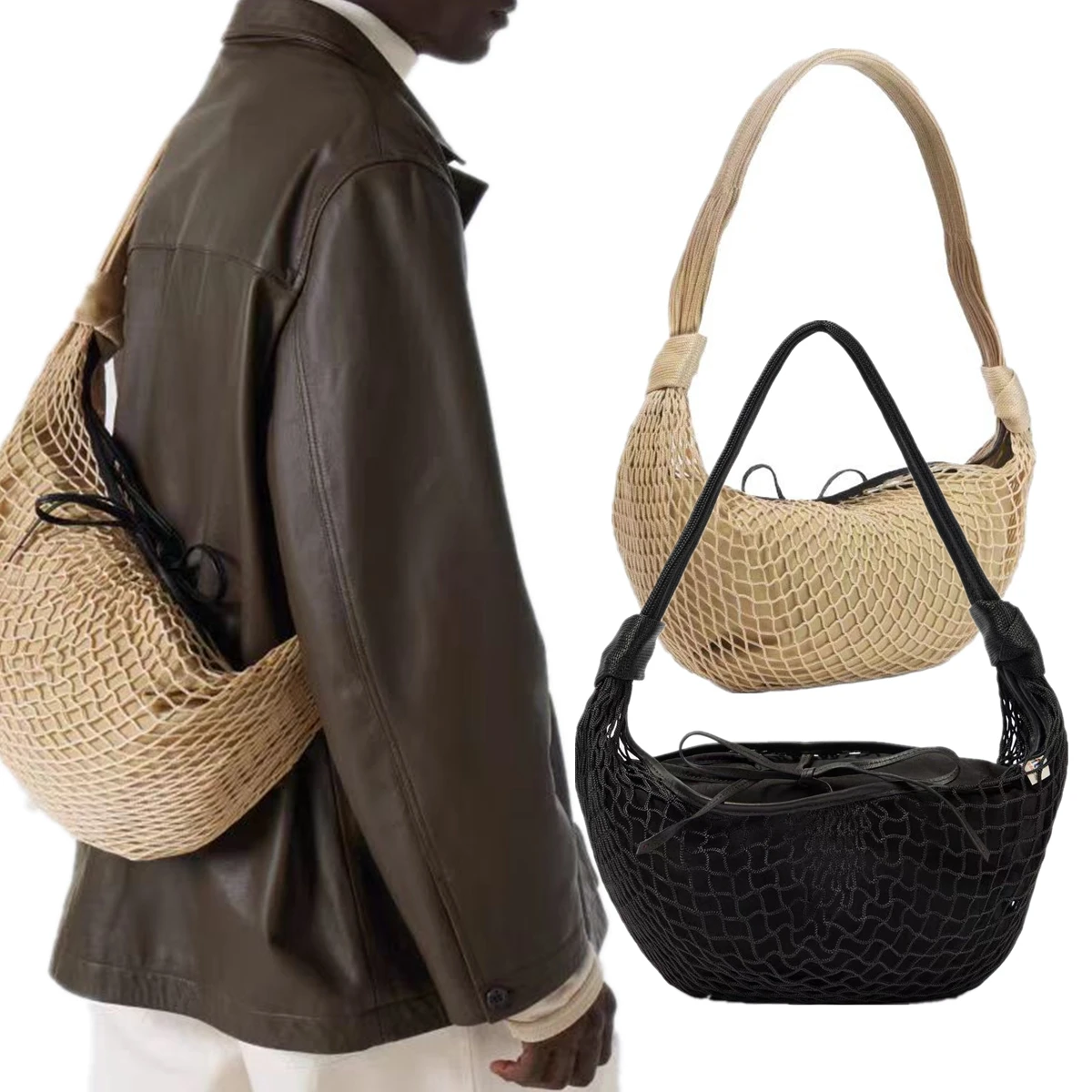 

Dave&Di Ins Fashion Blogger Unisex Bag Detachable Genuine Leather Horn Net Bag Shoulder Crossbody Bag Women