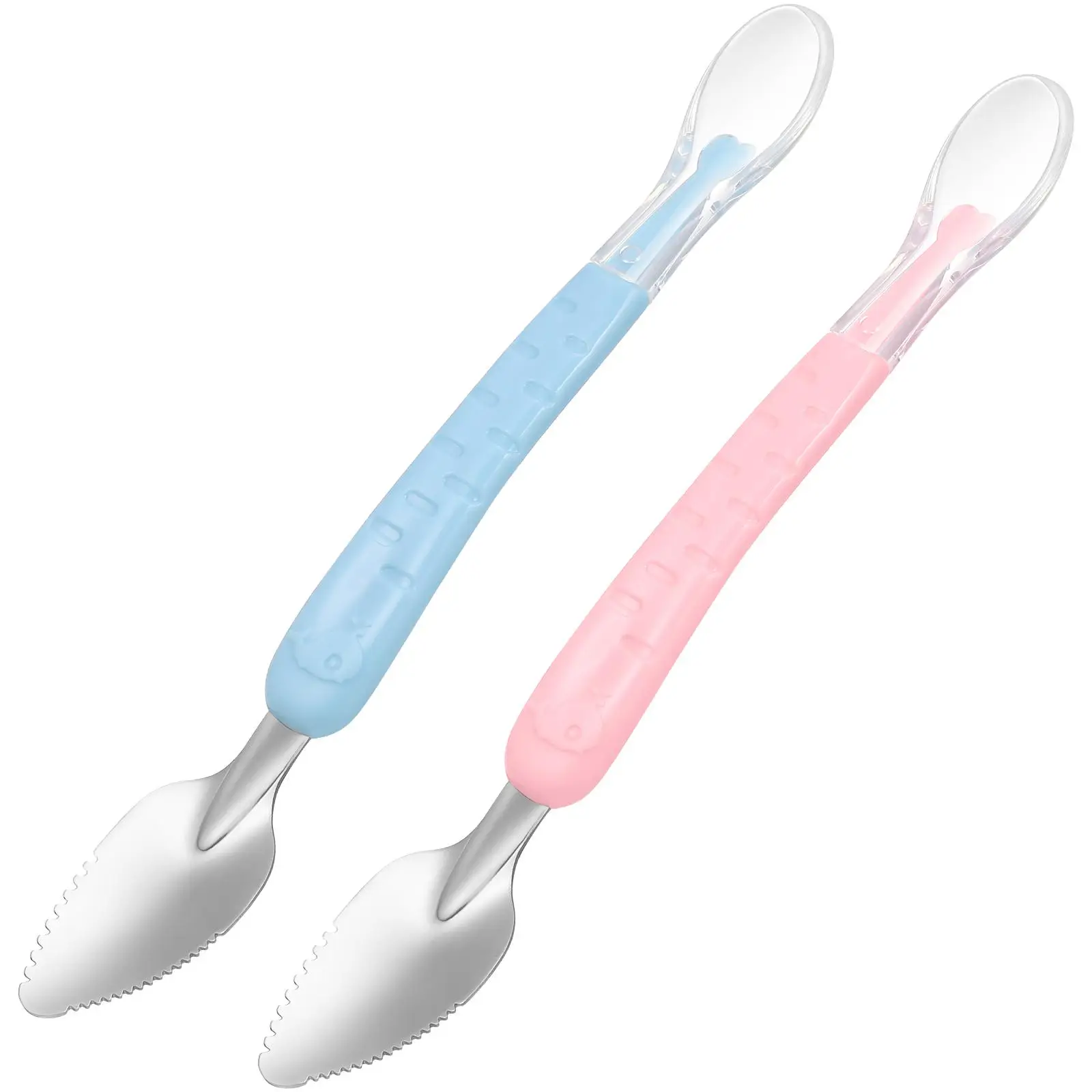 

2 Pcs Double headed Fruit Scraping Silicone Stainless Steel Baby Food Spoon Kitchen Tool Fruit Puree Spoon Non slip Handle