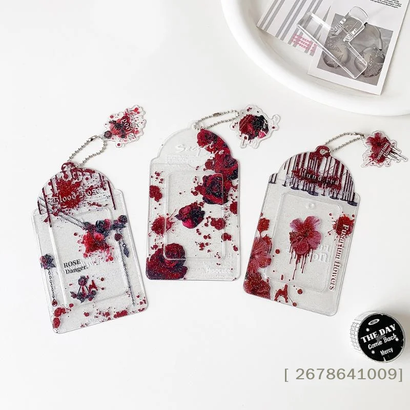 ⚑Gothic Blood Rose Acrylic Photocard Holder Kpop Idol Photo Card Case Keychain Small Card Backpack Pendant Card Protection Set