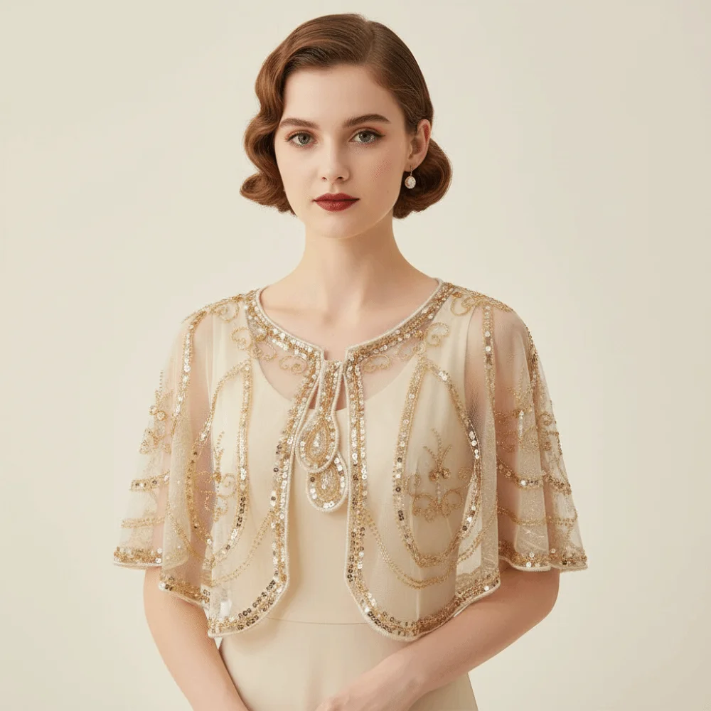 

Ретро-пончо с пайетками в винтажном стиле, короткая накидка с блестящими пайетками и бисером, вышивка в стиле 1920-х годов, шаль в стиле флаппер