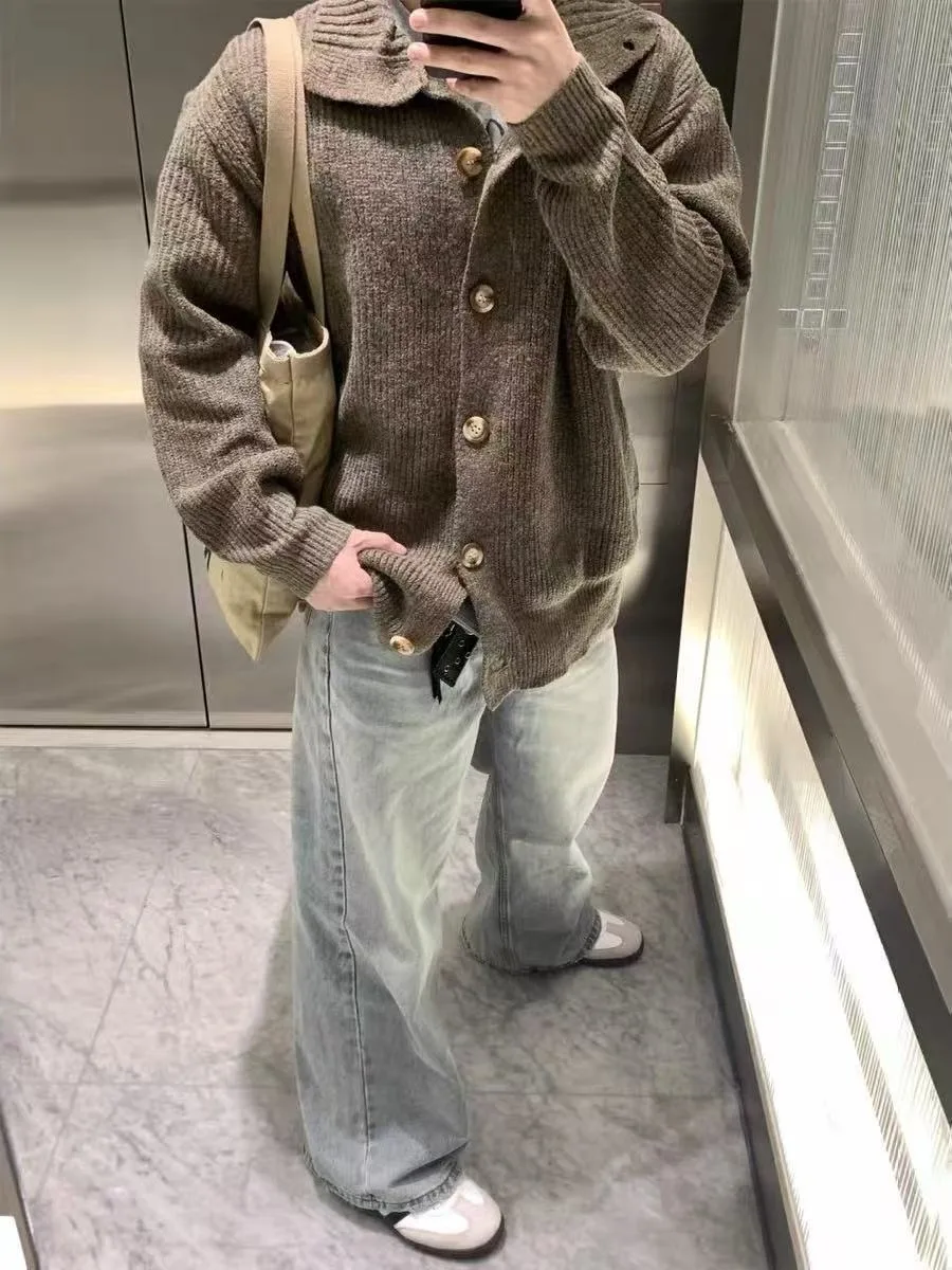 

Retro American Aosphere Button Stand Collar Open Cardigan Sweater ex CleanFit Lazy Knitted Outerwear Long Sve