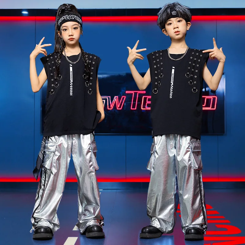 Meninos e meninas trajes de metal rock, ternos de rua infantil, show de hip hop, estilo cool, europeu e americano