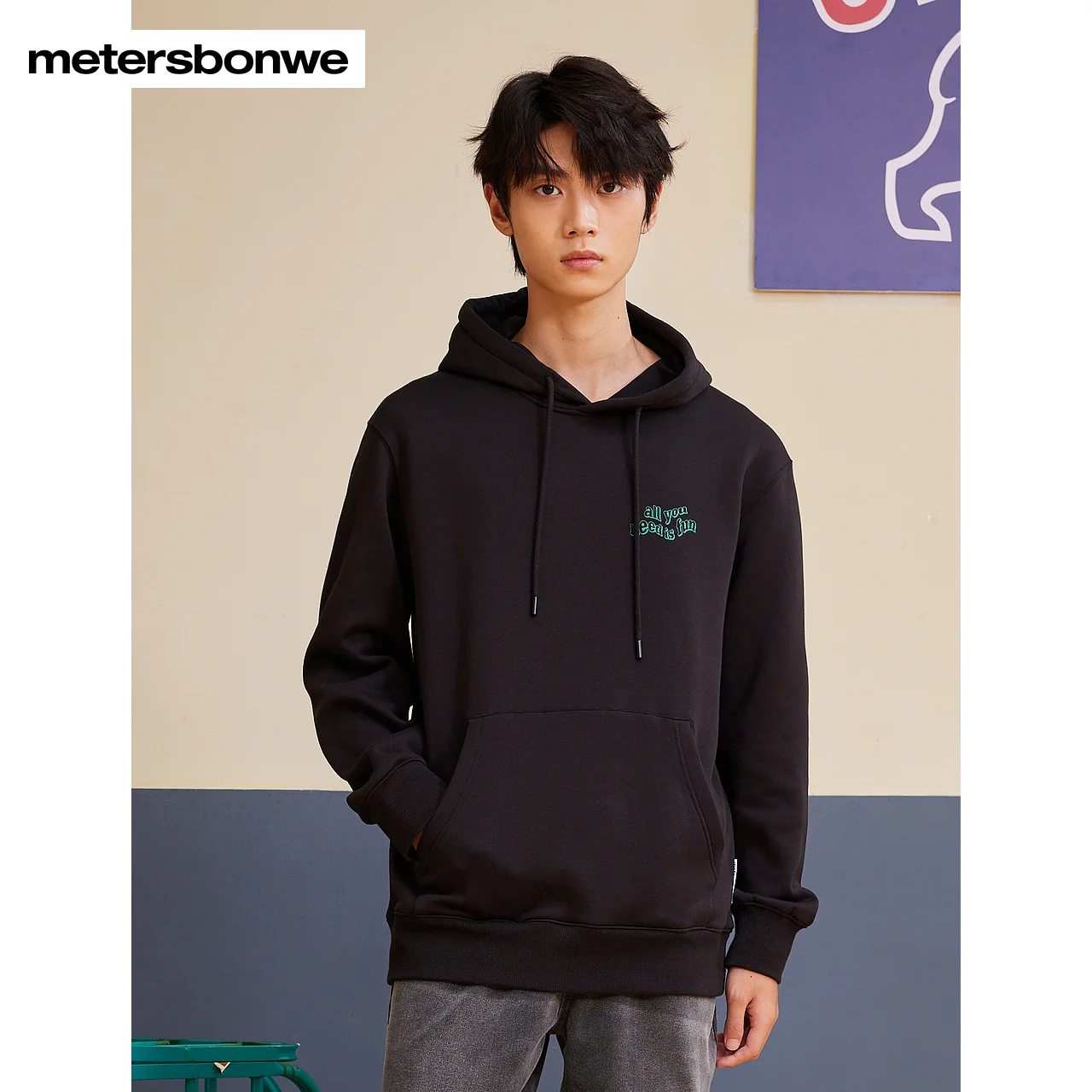 Metersbonwe-Men's Fleece-Lined Printed Hoodie Regular Fit Thick Sweatshirt With Hood Solid Color Warm Pullover Winter