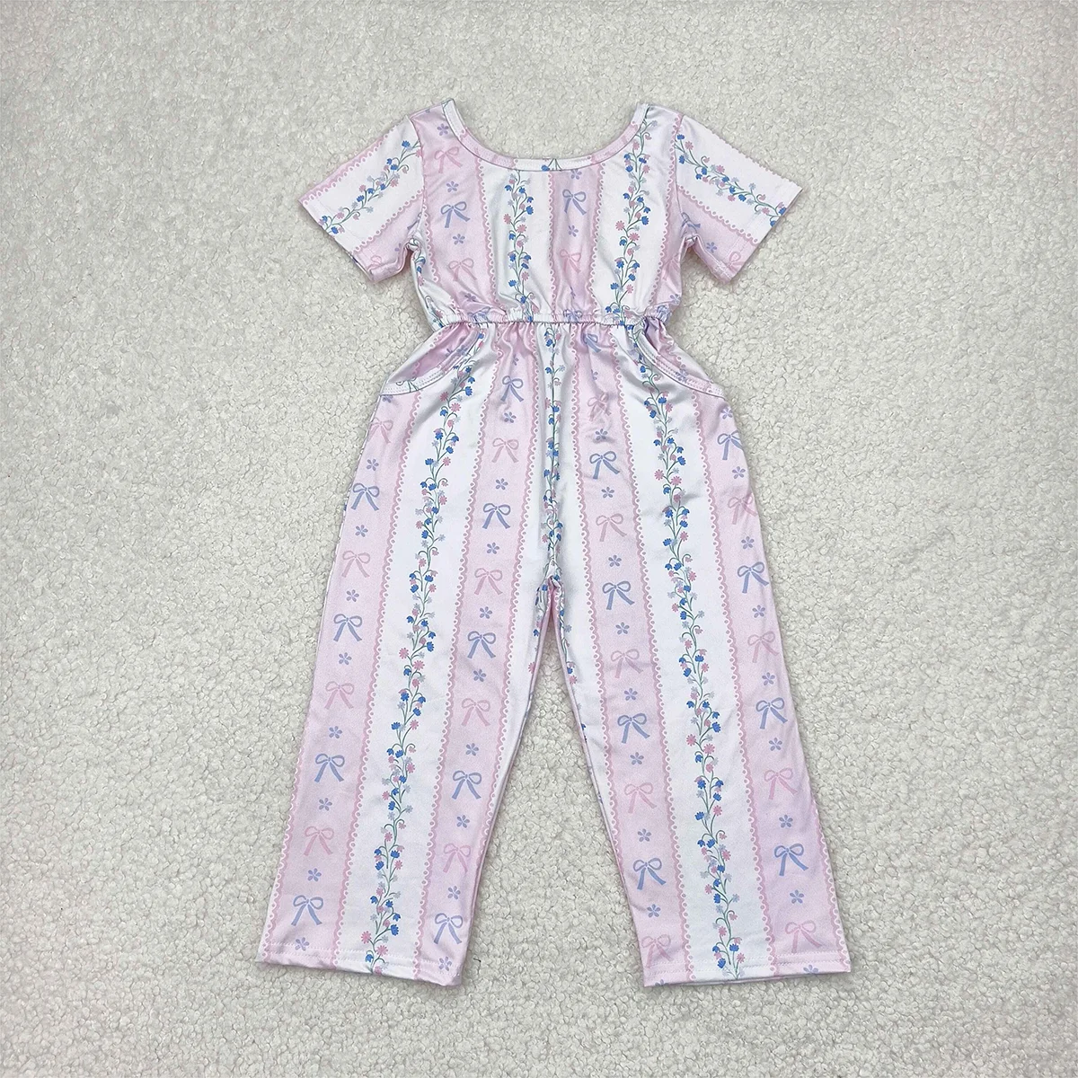 

Baby Girls Pink Jumpsuit Short Sleeves Bows Floral Pockets Cute Feminine Outfit for Little Ones