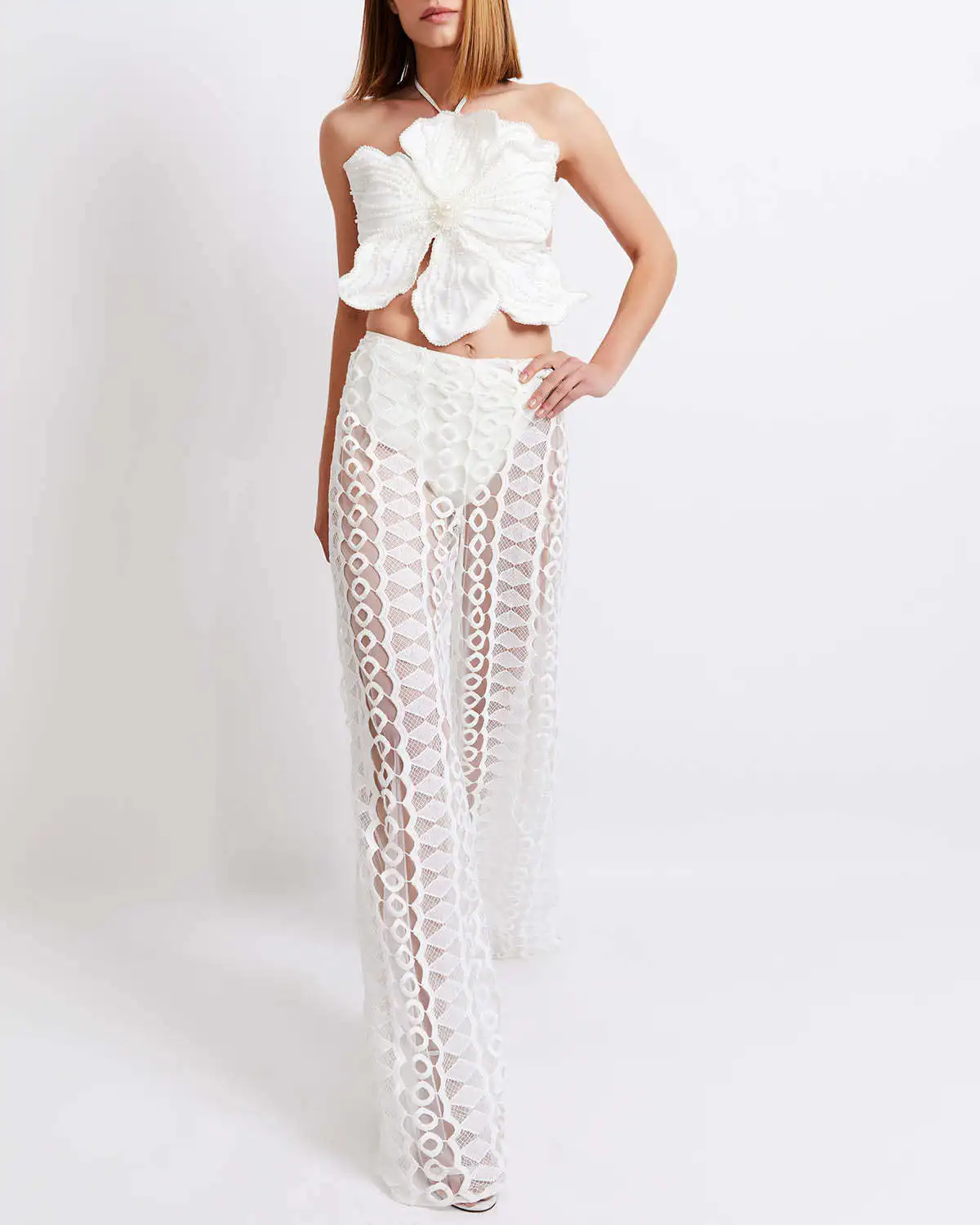 Fashion Bikini 3D Big Flowers Two Pieces Swimsuit Women\'s Swimwear Tuxedo style Monochromatic Mesh Pants Exquisite Biquini