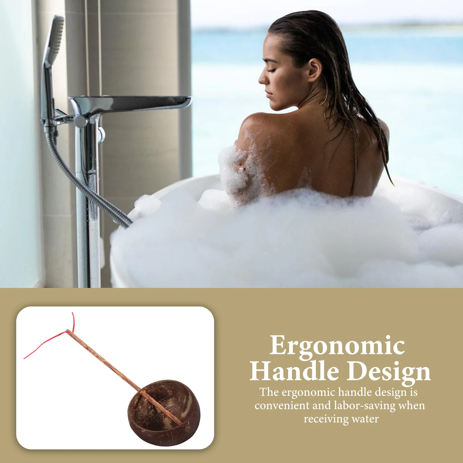 

Long Handle Coconut Shell Water Ladle Bath Scoop Multi Functional Household Water Dipper Spoon Lightweight Bathing Sauna