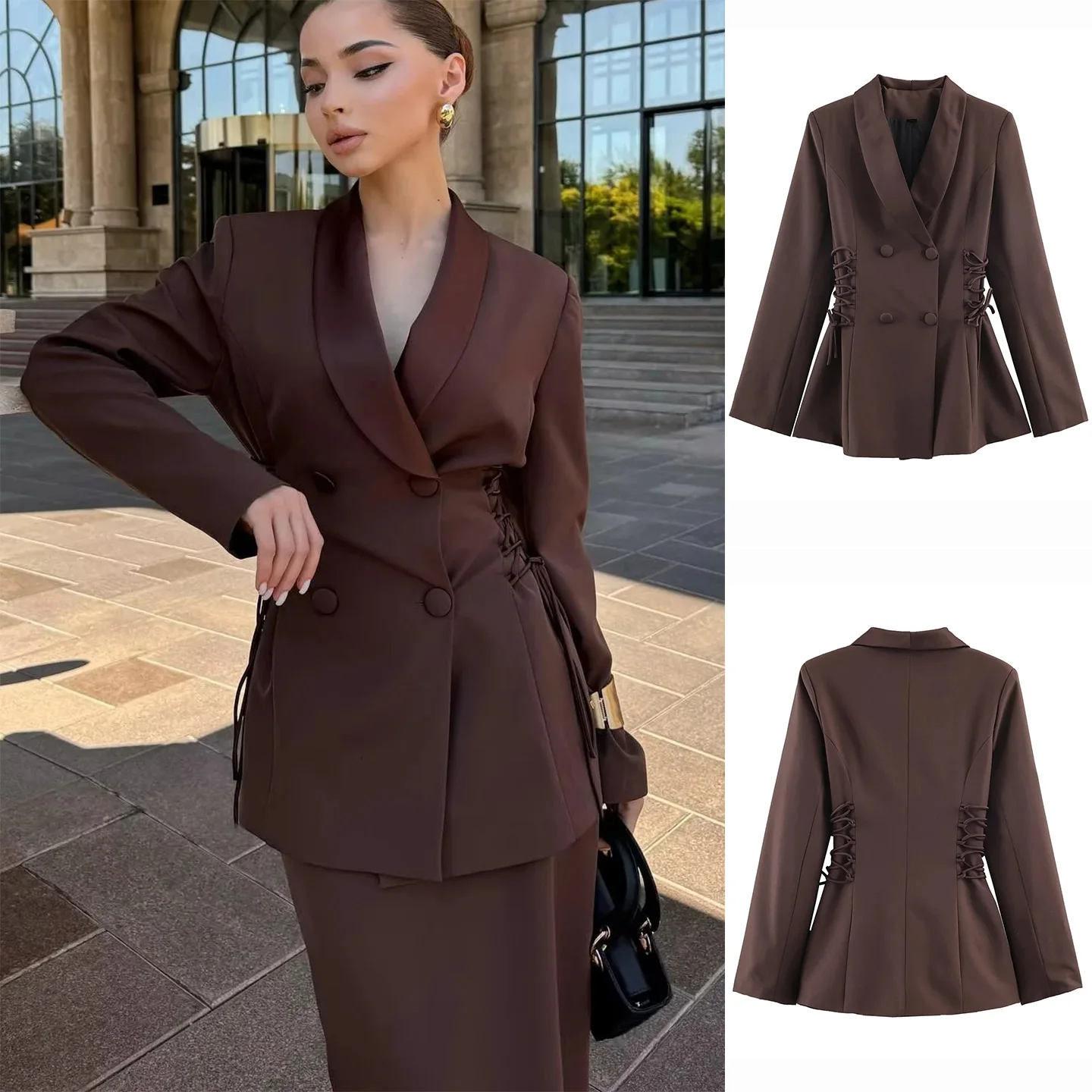 Spring New Arrival Women's Commute Style Double-Breasted Suit Jacket with Bow-Tie Strap Satin Patchwork Long Sleeve Coat