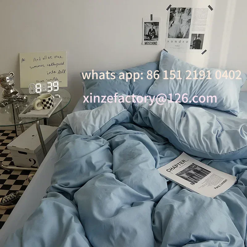 

Customizable Solid Color Double Washed Cotton Bedding 4 Pieces Set Student Dormitory Bed Linen Duvet Set Bed Suit