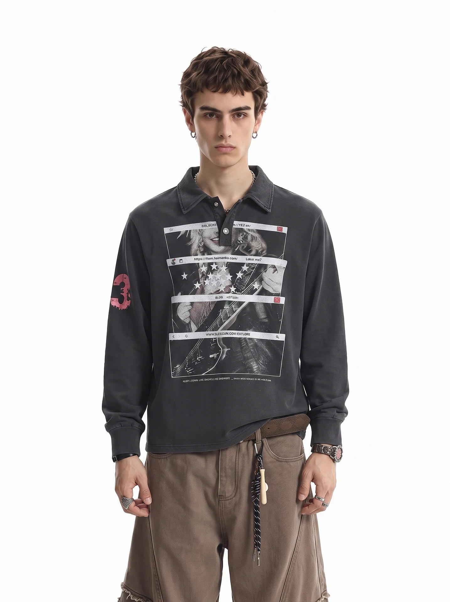BETEBULE American High Street Rock Character Print Long Sleeve Loose Fit Men's T-Shirt Autumn Casual Style  Shirt