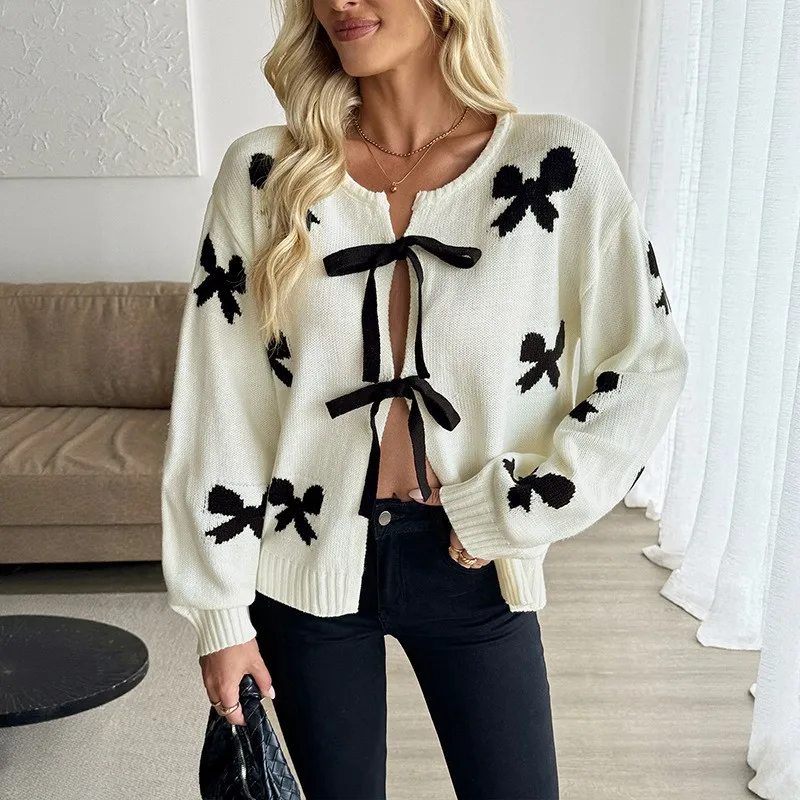 

Fashion Lace Up Bow Women's Sweater Autumn New Long Sleeved Round Neck Solid Color Self-cultivation Cardigan Pulls Femmes
