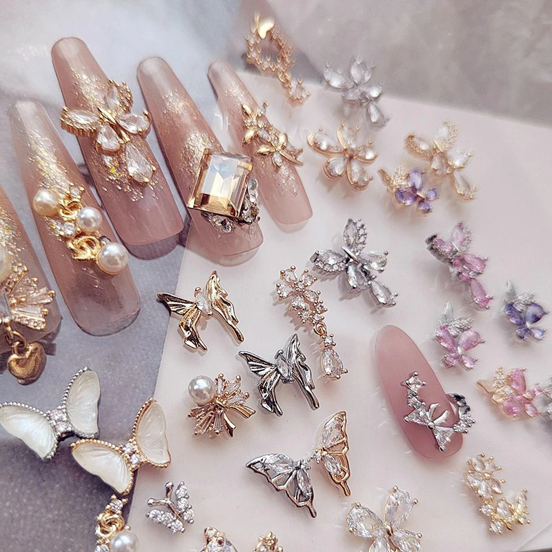 5 PCS Purple and pink super fairy butterfly pendant nail decoration alloy zirconia super shiny rhinestone nail accessories