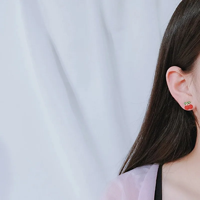 جديد S925 الفضة إبرة الكرز الفطر الفراولة التفاح زهرة الأحمر وأقراط أقراط شخصية الموضة